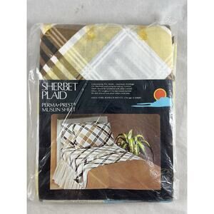 Sears Sherbet Twin Top Flat Sheet Criss Cross Plaid Cotton Blend New Dead Stock